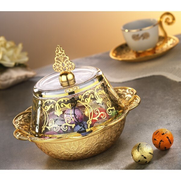 Gold Silver Colour Ottoman Style Delight Bowl With Glass Lid Plated Authentic Snack Serving Bowl Plated Silver Serving Tray Secondary image