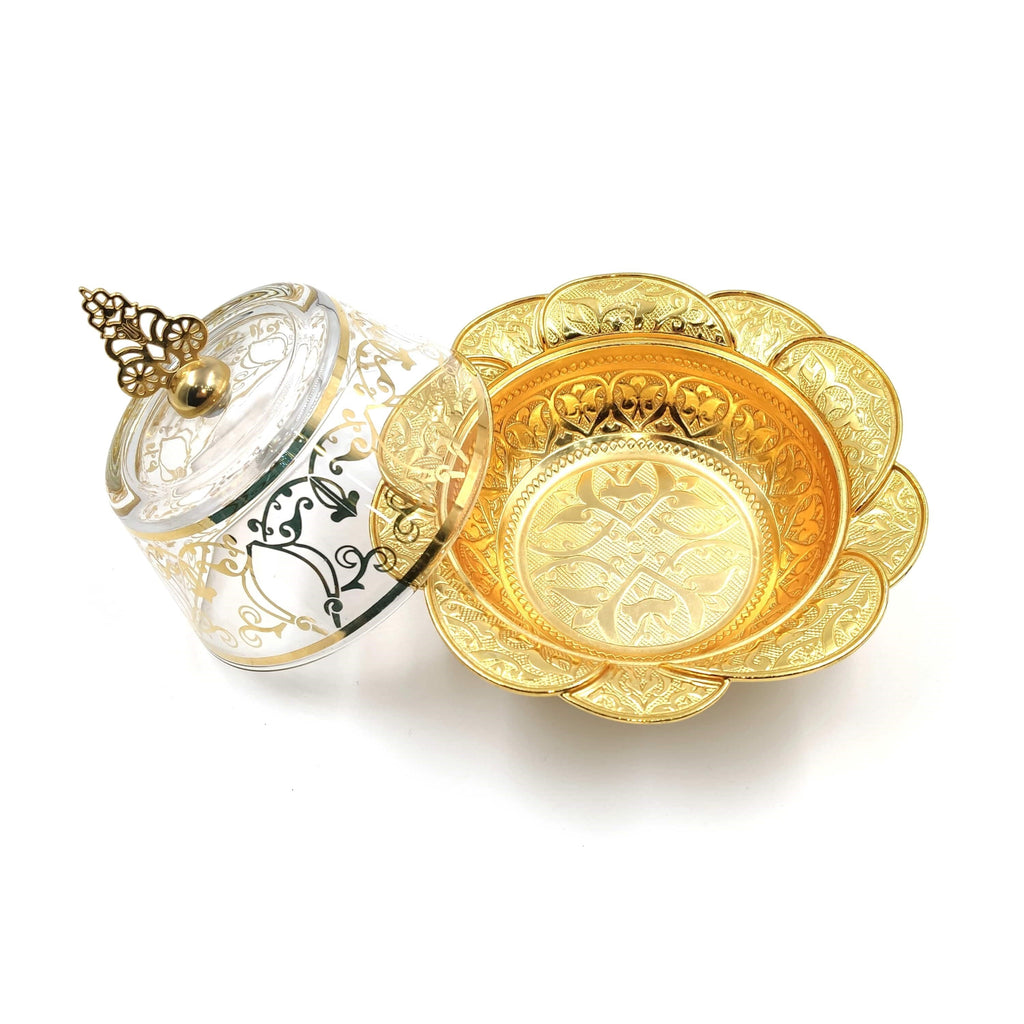 Gold Silver Colour Ottoman Style Delight Bowl With Glass Lid Plated Authentic Snack Serving Bowl Plated Silver Serving Tray