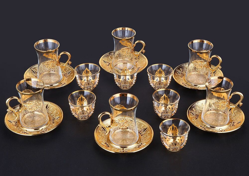 18 pieces Authentic Turkish Tea Cups And Saucers Set For Six Person
